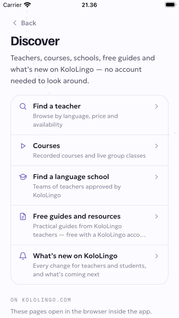 The app’s Discover screen