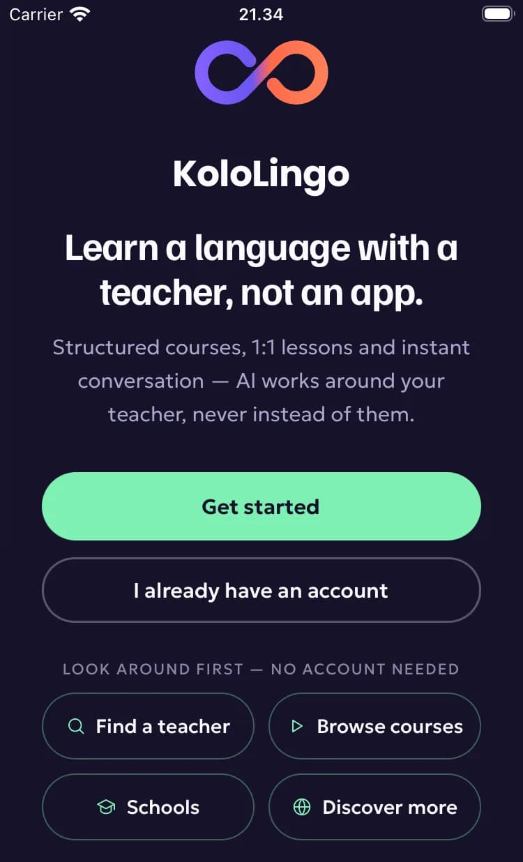 The app’s welcome screen