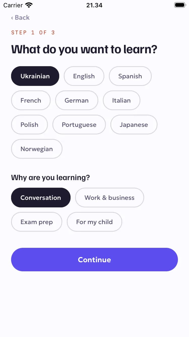 Choosing a language and a goal in the app